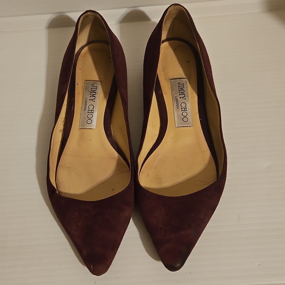 Jimmy Choo Burgundy Suede Pointed-Toe Flats — Deep Wine
